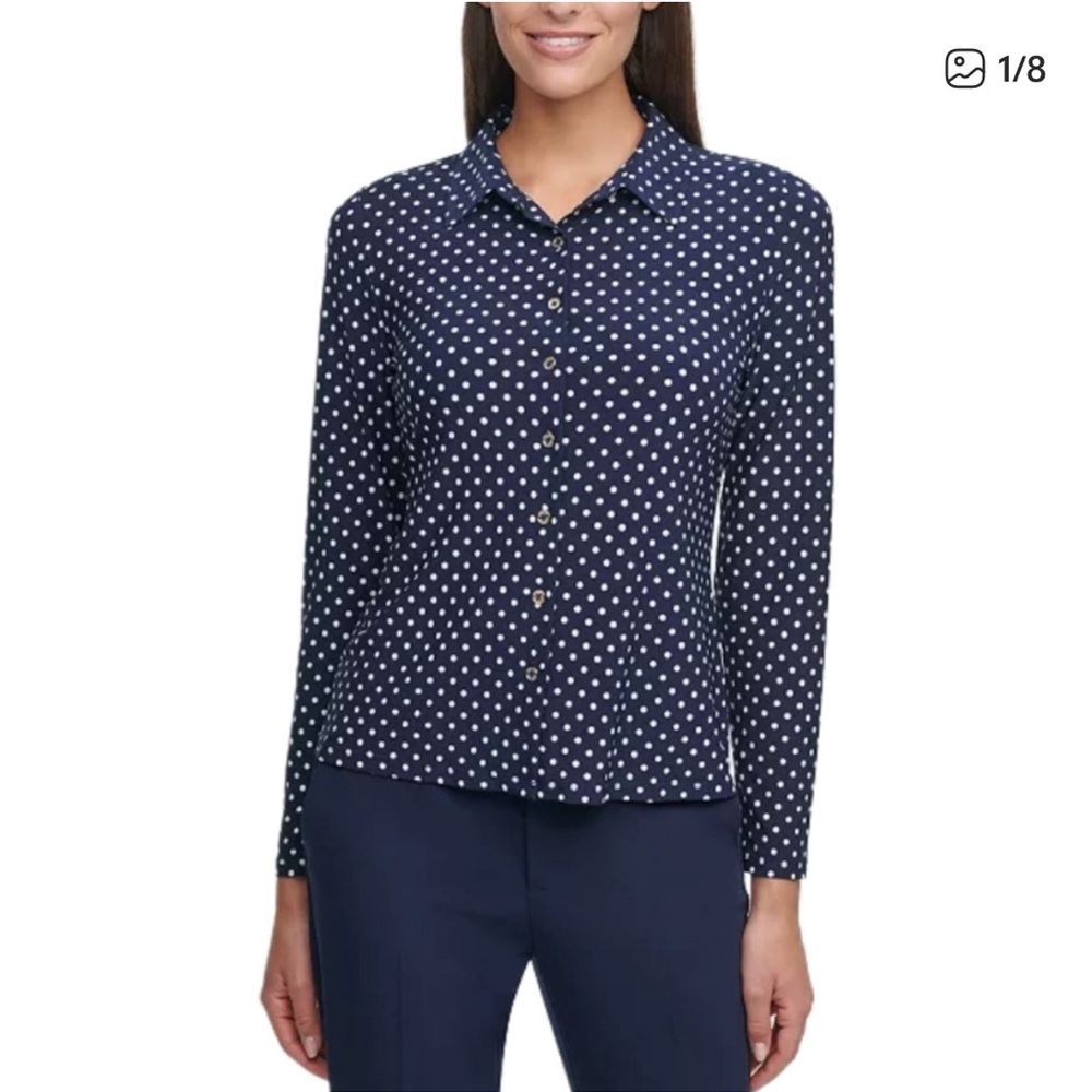 Tommy Hilfiger navy polkadot button up shirt with collar size small, classic fit